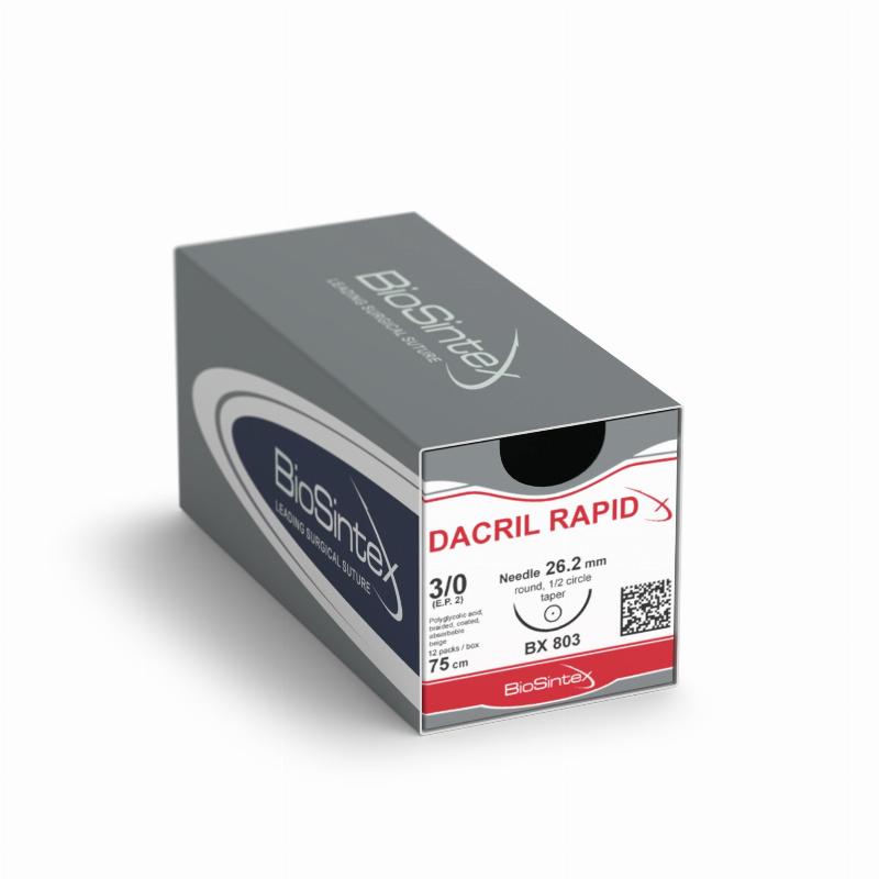 Dacril rapid, Полігліколід, USP 2/0(M3),75см, кол. голка від 26-26,2мм,1/2 кола